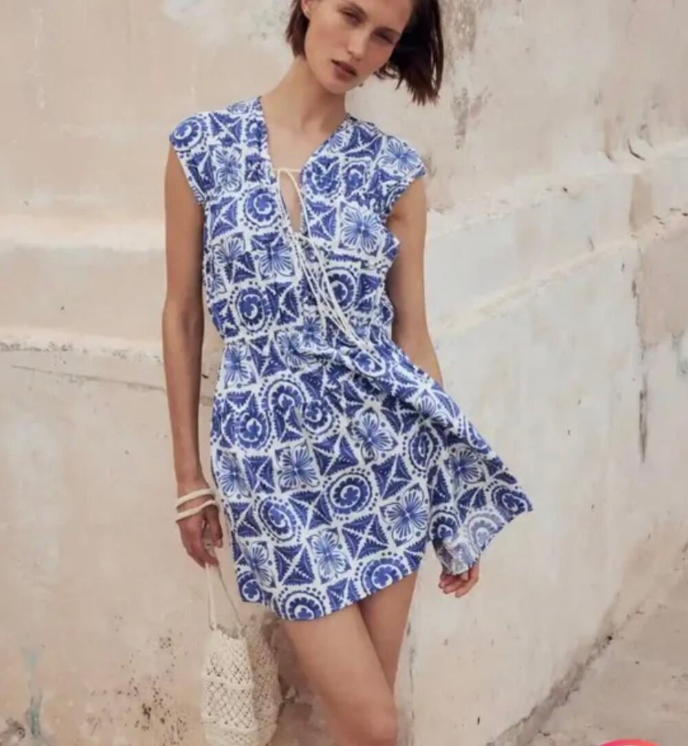H&M Greek Blue Tiles Coastal Summer Cotton Tie-Front V-Neck Mini Dress XS